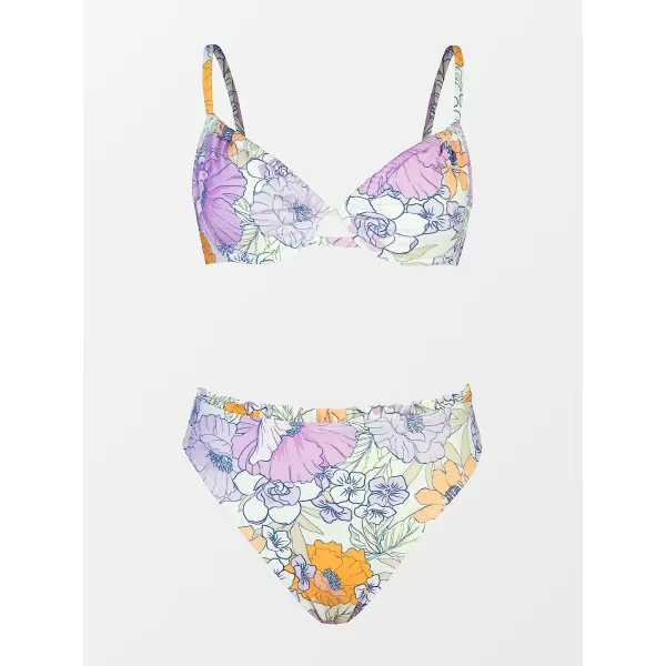 imageCUPSHE Women Swimsuit Bikini Set Two Piece High Waisted Drawstring Floral Bathing Suit with UnderwireLavender