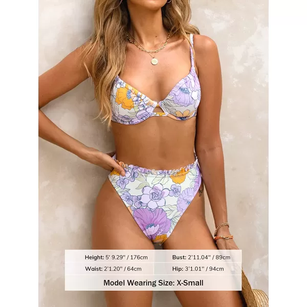 imageCUPSHE Women Swimsuit Bikini Set Two Piece High Waisted Drawstring Floral Bathing Suit with UnderwireLavender