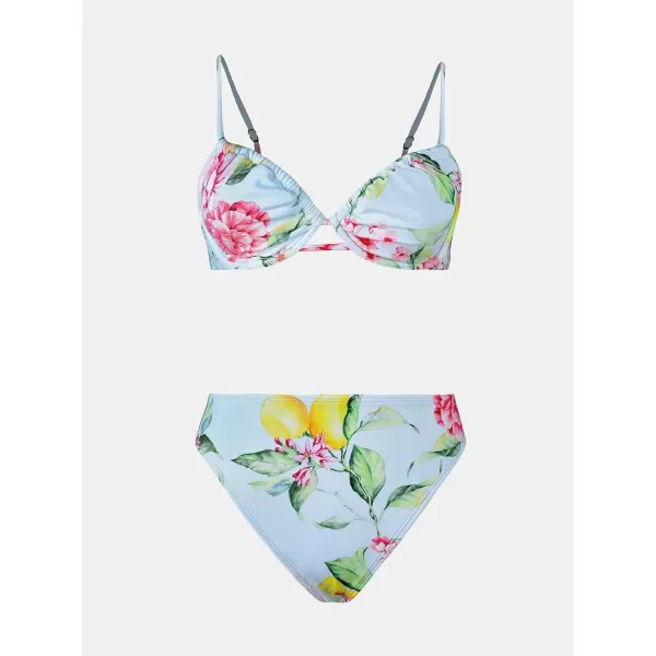imageCUPSHE Women Swimsuit Bikini Set Two Piece High Waisted Drawstring Floral Bathing Suit with UnderwireLight Blue  Floral