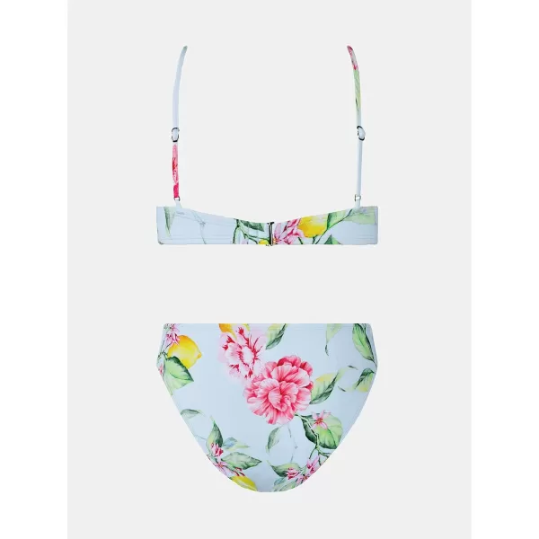 imageCUPSHE Women Swimsuit Bikini Set Two Piece High Waisted Drawstring Floral Bathing Suit with UnderwireLight Blue  Floral