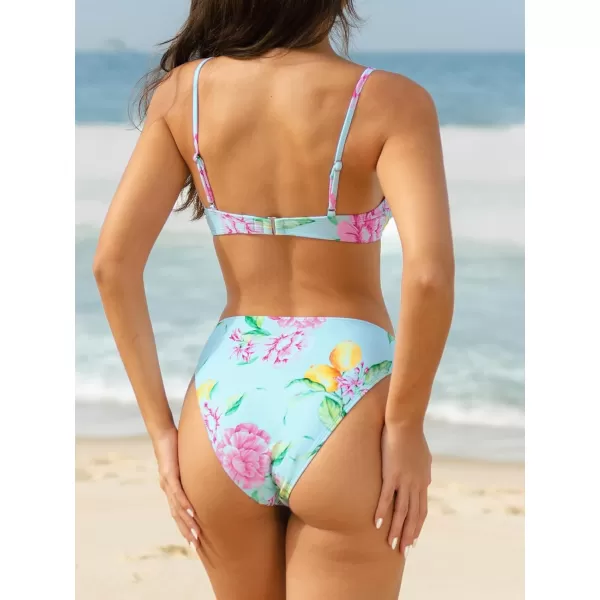 imageCUPSHE Women Swimsuit Bikini Set Two Piece High Waisted Drawstring Floral Bathing Suit with UnderwireLight Blue  Floral