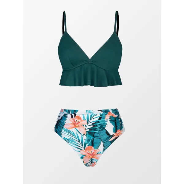 imageCUPSHE Women Swimsuit Bikini Set Two Piece High Waisted Flowy Ruffle Hem Ruched Tummy Control BottomGreen