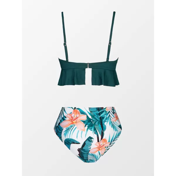 imageCUPSHE Women Swimsuit Bikini Set Two Piece High Waisted Flowy Ruffle Hem Ruched Tummy Control BottomGreen
