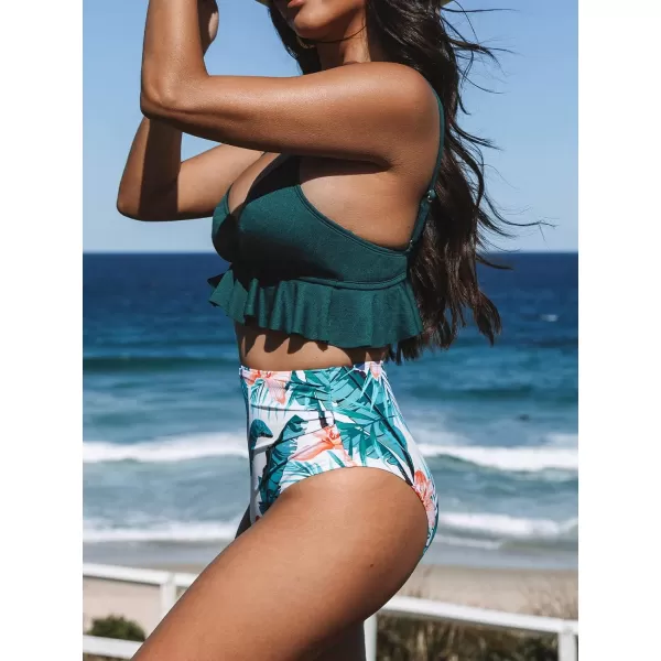 imageCUPSHE Women Swimsuit Bikini Set Two Piece High Waisted Flowy Ruffle Hem Ruched Tummy Control BottomGreen