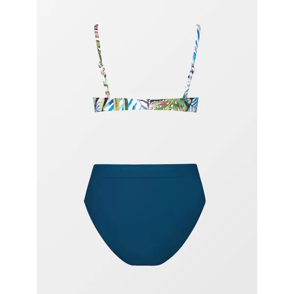 imageCUPSHE Women Swimsuit Bikini Set Two Piece High Waisted Scoop Neck Widen Band Tropical Print Bathing SuitBlue  Floral