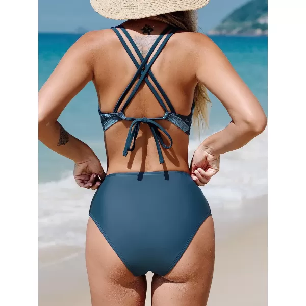 imageCUPSHE Women Swimsuit Bikini Set Two Piece Knotted Crisscross Self Tie Tropical Bathing SuitDark Blue  Tropical