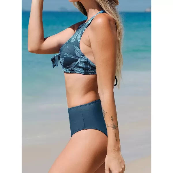 imageCUPSHE Women Swimsuit Bikini Set Two Piece Knotted Crisscross Self Tie Tropical Bathing SuitDark Blue  Tropical