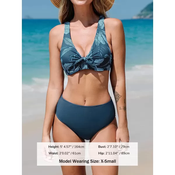 imageCUPSHE Women Swimsuit Bikini Set Two Piece Knotted Crisscross Self Tie Tropical Bathing SuitDark Blue  Tropical