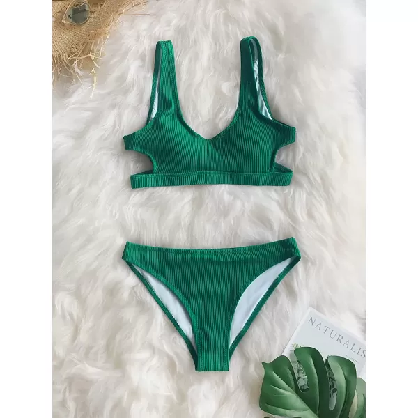 imageCUPSHE Women Swimsuit Bikini Set Two Piece Ribbed Texture Side Cutout Tank Top Mid Rise Bathing SuitBlue
