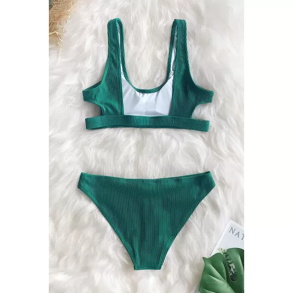 imageCUPSHE Women Swimsuit Bikini Set Two Piece Ribbed Texture Side Cutout Tank Top Mid Rise Bathing SuitBlue