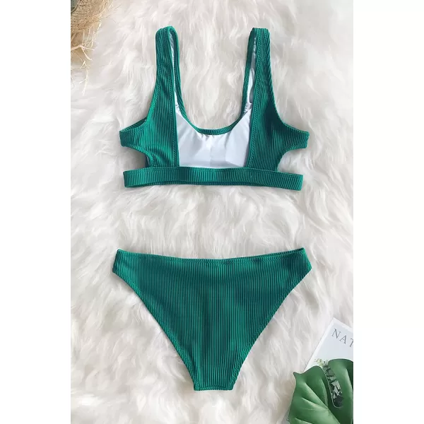 imageCUPSHE Women Swimsuit Bikini Set Two Piece Ribbed Texture Side Cutout Tank Top Mid Rise Bathing SuitBlue