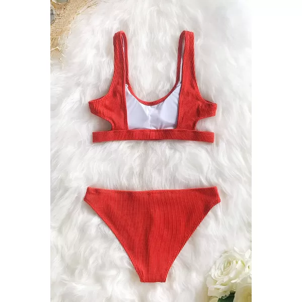imageCUPSHE Women Swimsuit Bikini Set Two Piece Ribbed Texture Side Cutout Tank Top Mid Rise Bathing SuitBright Red