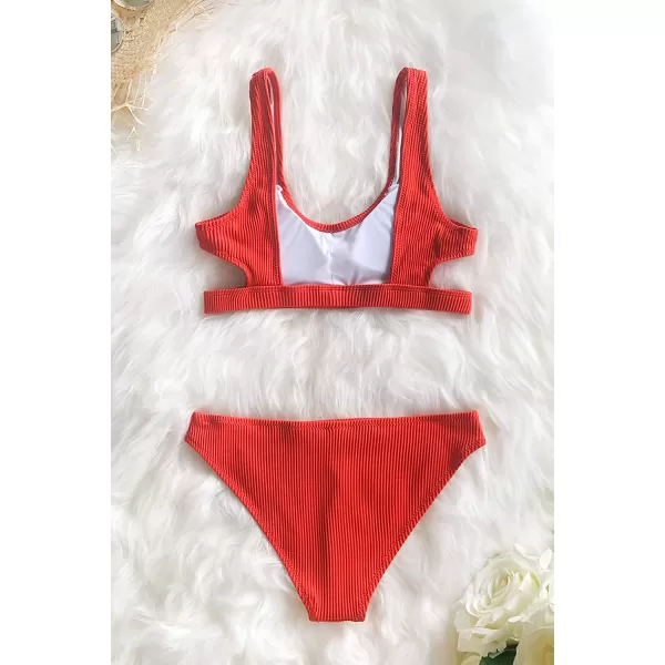 imageCUPSHE Women Swimsuit Bikini Set Two Piece Ribbed Texture Side Cutout Tank Top Mid Rise Bathing SuitBright Red
