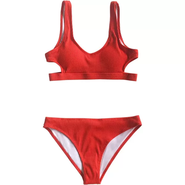 imageCUPSHE Women Swimsuit Bikini Set Two Piece Ribbed Texture Side Cutout Tank Top Mid Rise Bathing SuitBright Red
