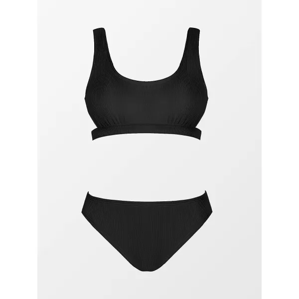 imageCUPSHE Women Swimsuit Bikini Set Two Piece Ribbed Texture Side Cutout Tank Top Mid Rise Bathing SuitPure Black
