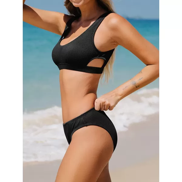 imageCUPSHE Women Swimsuit Bikini Set Two Piece Ribbed Texture Side Cutout Tank Top Mid Rise Bathing SuitPure Black