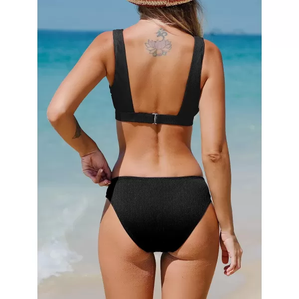 imageCUPSHE Women Swimsuit Bikini Set Two Piece Ribbed Texture Side Cutout Tank Top Mid Rise Bathing SuitPure Black