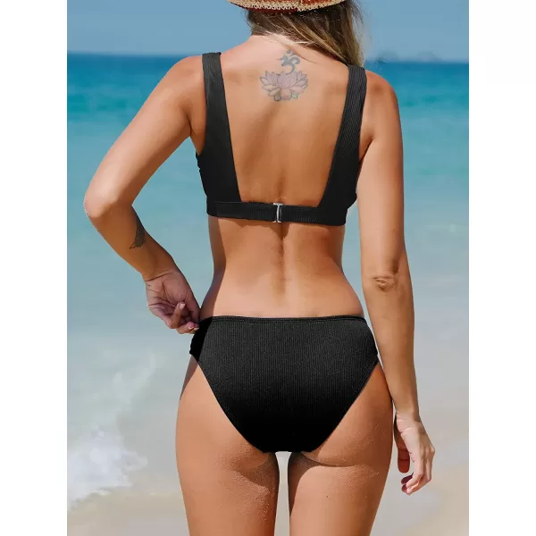 imageCUPSHE Women Swimsuit Bikini Set Two Piece Ribbed Texture Side Cutout Tank Top Mid Rise Bathing SuitPure Black