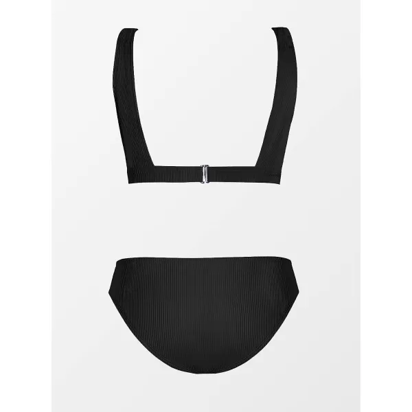 imageCUPSHE Women Swimsuit Bikini Set Two Piece Ribbed Texture Side Cutout Tank Top Mid Rise Bathing SuitPure Black