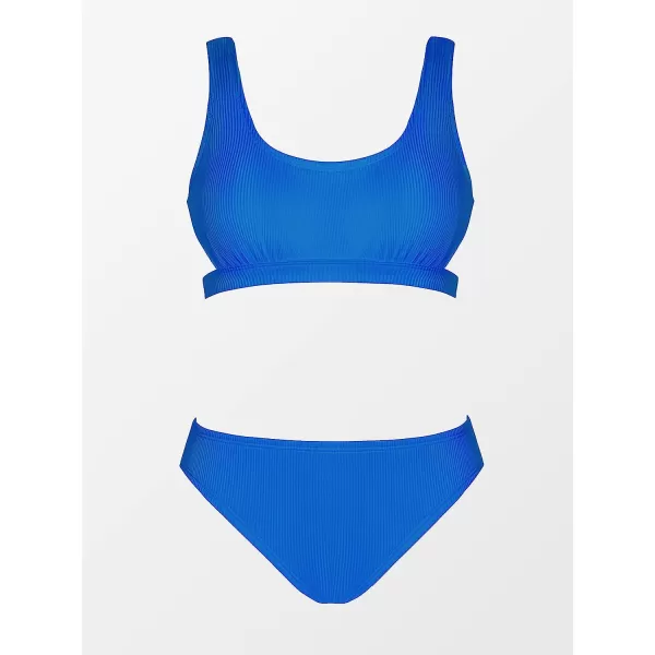 imageCUPSHE Women Swimsuit Bikini Set Two Piece Ribbed Texture Side Cutout Tank Top Mid Rise Bathing SuitRoyal Blue