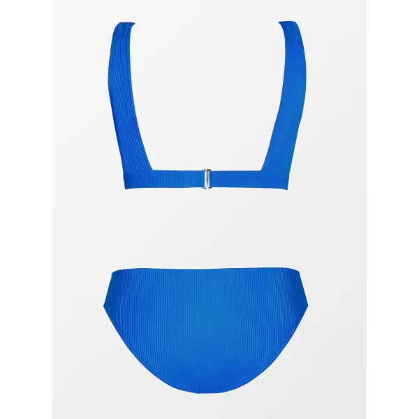 imageCUPSHE Women Swimsuit Bikini Set Two Piece Ribbed Texture Side Cutout Tank Top Mid Rise Bathing SuitRoyal Blue