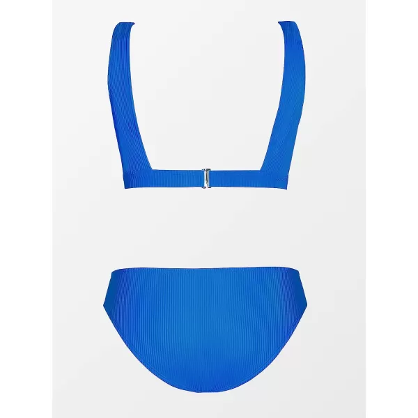 imageCUPSHE Women Swimsuit Bikini Set Two Piece Ribbed Texture Side Cutout Tank Top Mid Rise Bathing SuitRoyal Blue