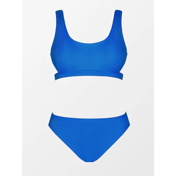 imageCUPSHE Women Swimsuit Bikini Set Two Piece Ribbed Texture Side Cutout Tank Top Mid Rise Bathing SuitRoyal Blue