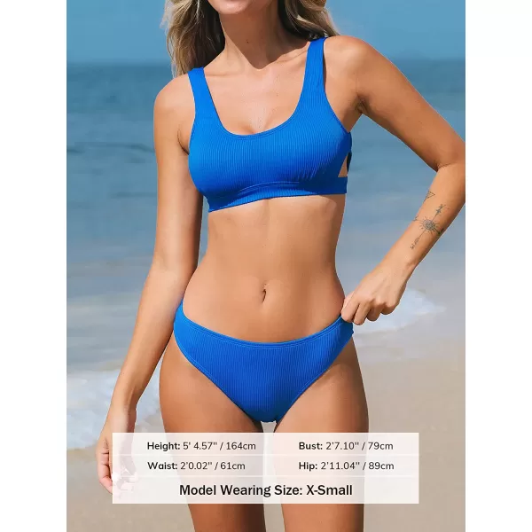 imageCUPSHE Women Swimsuit Bikini Set Two Piece Ribbed Texture Side Cutout Tank Top Mid Rise Bathing SuitRoyal Blue