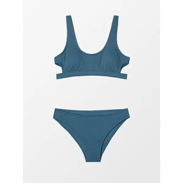 imageCUPSHE Women Swimsuit Bikini Set Two Piece Ribbed Texture Side Cutout Tank Top Mid Rise Bathing SuitStone Blue