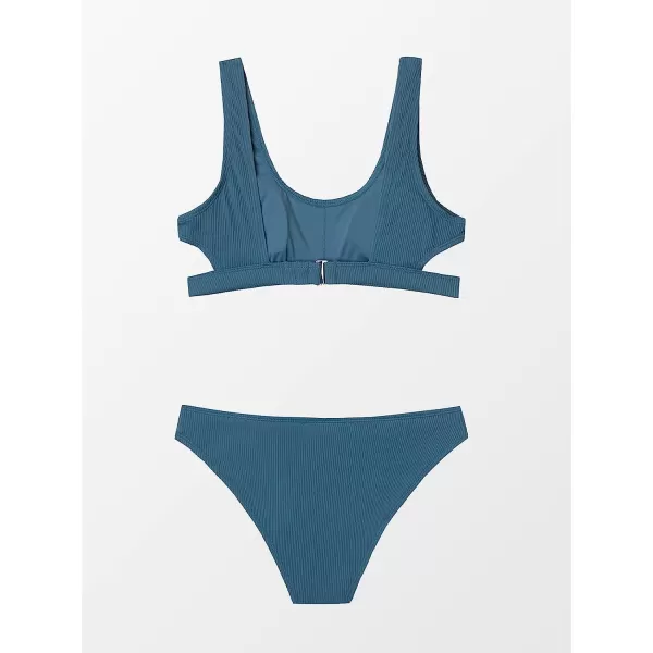 imageCUPSHE Women Swimsuit Bikini Set Two Piece Ribbed Texture Side Cutout Tank Top Mid Rise Bathing SuitStone Blue