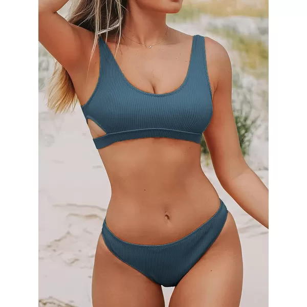imageCUPSHE Women Swimsuit Bikini Set Two Piece Ribbed Texture Side Cutout Tank Top Mid Rise Bathing SuitStone Blue