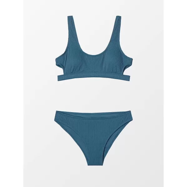 imageCUPSHE Women Swimsuit Bikini Set Two Piece Ribbed Texture Side Cutout Tank Top Mid Rise Bathing SuitStone Blue