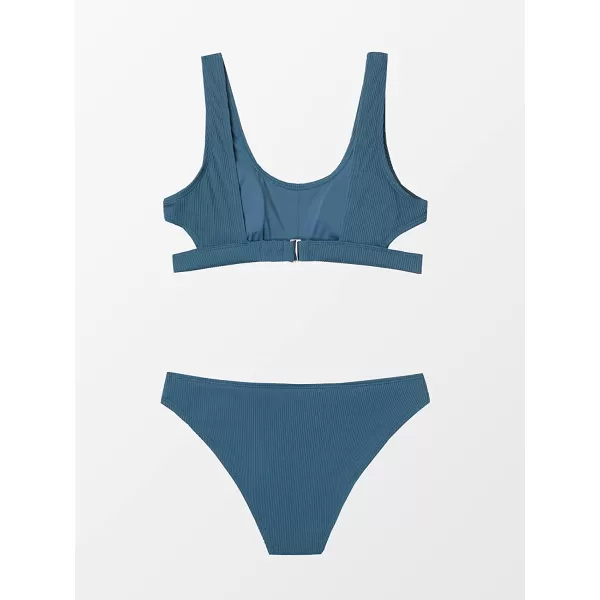 imageCUPSHE Women Swimsuit Bikini Set Two Piece Ribbed Texture Side Cutout Tank Top Mid Rise Bathing SuitStone Blue