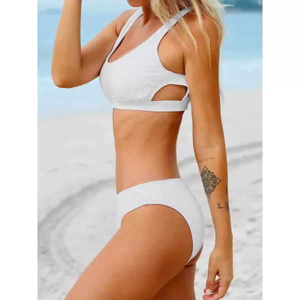imageCUPSHE Women Swimsuit Bikini Set Two Piece Ribbed Texture Side Cutout Tank Top Mid Rise Bathing SuitWhite