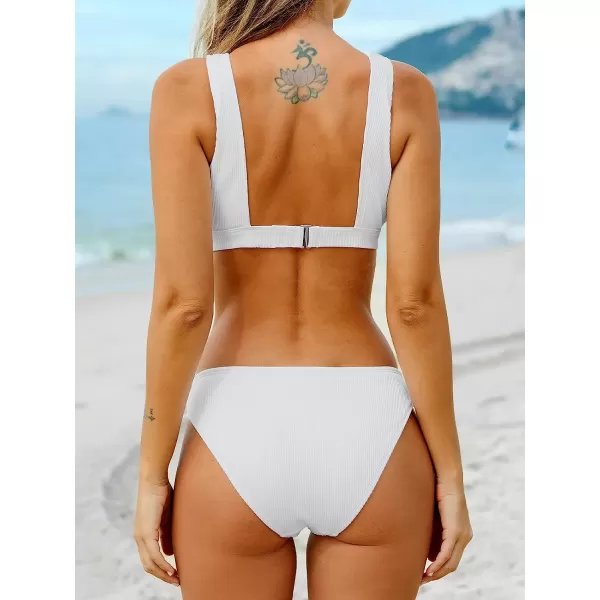 imageCUPSHE Women Swimsuit Bikini Set Two Piece Ribbed Texture Side Cutout Tank Top Mid Rise Bathing SuitWhite