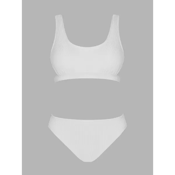imageCUPSHE Women Swimsuit Bikini Set Two Piece Ribbed Texture Side Cutout Tank Top Mid Rise Bathing SuitWhite