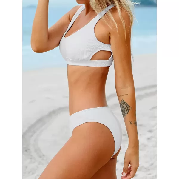 imageCUPSHE Women Swimsuit Bikini Set Two Piece Ribbed Texture Side Cutout Tank Top Mid Rise Bathing SuitWhite