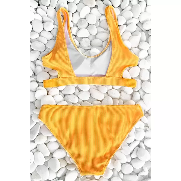 imageCUPSHE Women Swimsuit Bikini Set Two Piece Ribbed Texture Side Cutout Tank Top Mid Rise Bathing SuitYellow