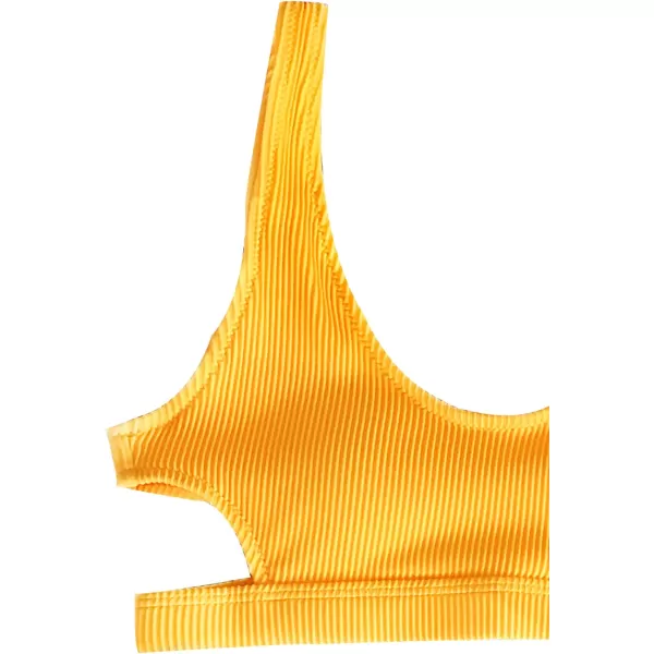 imageCUPSHE Women Swimsuit Bikini Set Two Piece Ribbed Texture Side Cutout Tank Top Mid Rise Bathing SuitYellow