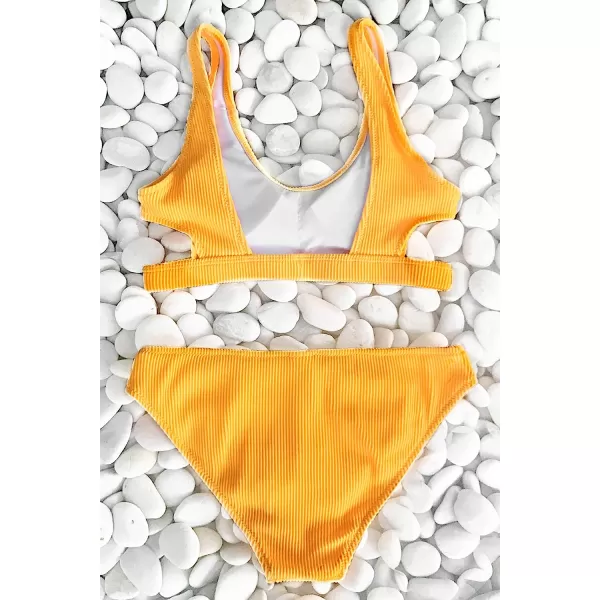 imageCUPSHE Women Swimsuit Bikini Set Two Piece Ribbed Texture Side Cutout Tank Top Mid Rise Bathing SuitYellow