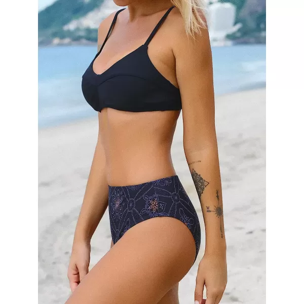 imageCUPSHE Women Swimsuit Bikini Set Two Piece V Neck Patchwork Top Ethnic Print Bathing SuitNavy Blue