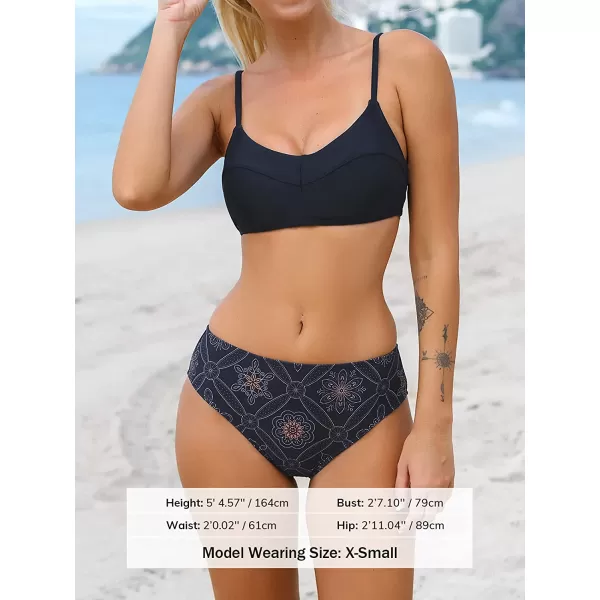 imageCUPSHE Women Swimsuit Bikini Set Two Piece V Neck Patchwork Top Ethnic Print Bathing SuitNavy Blue