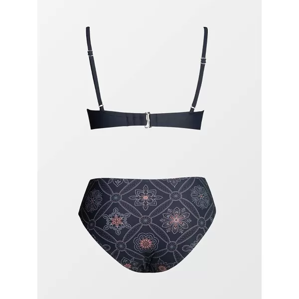 imageCUPSHE Women Swimsuit Bikini Set Two Piece V Neck Patchwork Top Ethnic Print Bathing SuitNavy Blue