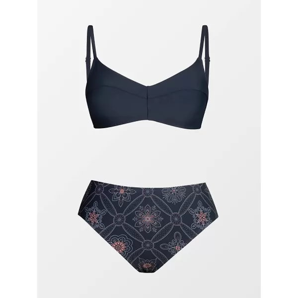 imageCUPSHE Women Swimsuit Bikini Set Two Piece V Neck Patchwork Top Ethnic Print Bathing SuitNavy Blue