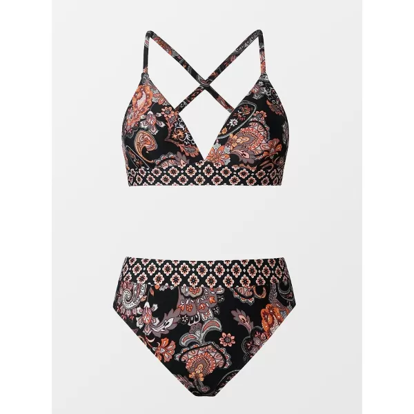 imageCUPSHE Women Swimsuit Bikini Set V Neck Crisscross Back Mid Rise Paisley Two Piece Bathing SuitBlack  Paisley