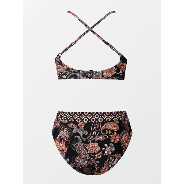 imageCUPSHE Women Swimsuit Bikini Set V Neck Crisscross Back Mid Rise Paisley Two Piece Bathing SuitBlack  Paisley