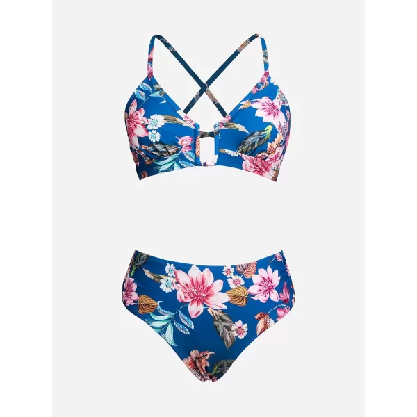 imageCUPSHE Women Swimsuit Bikini Sets Criss Cross Back Tie Mid Rise Ruched Retro Floral Bathing SuitBlue  Floral