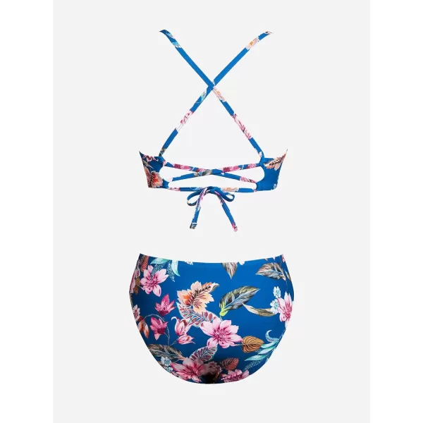 imageCUPSHE Women Swimsuit Bikini Sets Criss Cross Back Tie Mid Rise Ruched Retro Floral Bathing SuitBlue  Floral