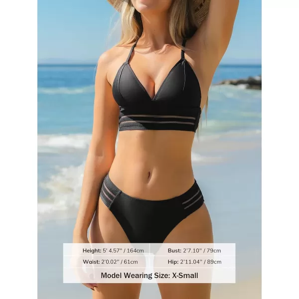imageCUPSHE Women Swimsuit Bikini Sets Halter Triangle Mesh Mid Rise Cheeky Two Piece Bathing SuitBlack