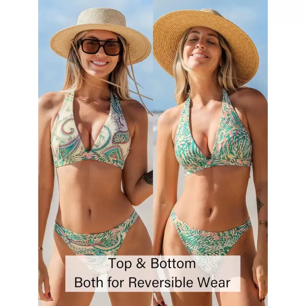 imageCUPSHE Women Swimsuit Bikini Sets Reversible Halter Back Tie Cheeky Paisley Two Piece Bathing SuitLight Yellow  Paisley
